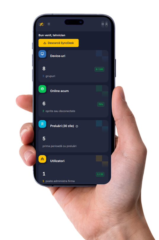 Panoul SyncDesk pe telefon: lista de device-uri și câte sunt online