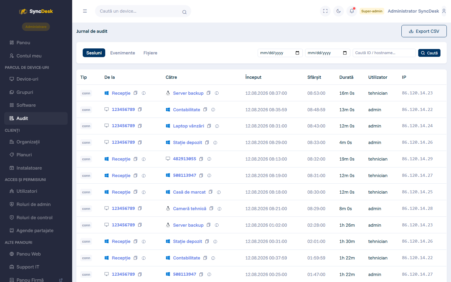 Jurnalul de audit din panoul SyncDesk