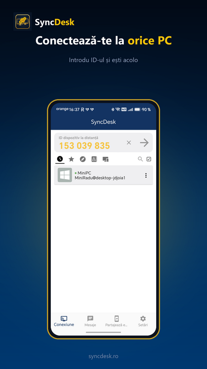 Ecranul de conectare din aplicația SyncDesk