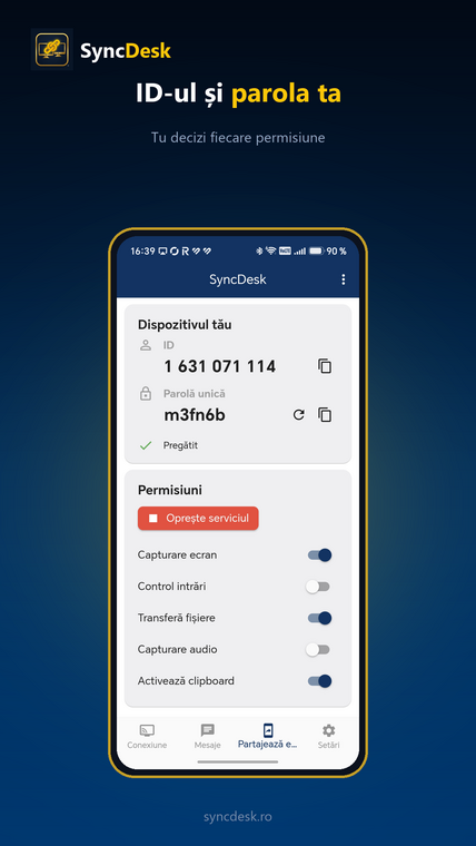 Permisiunile device-ului, în aplicația SyncDesk