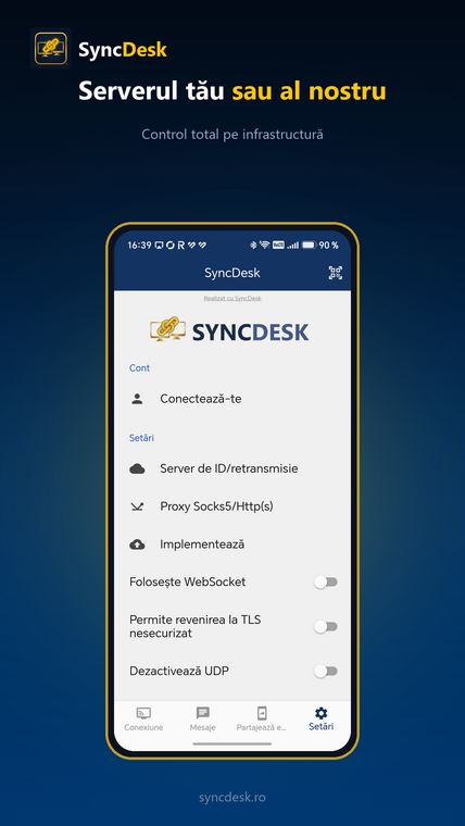 Setările de server din aplicația SyncDesk